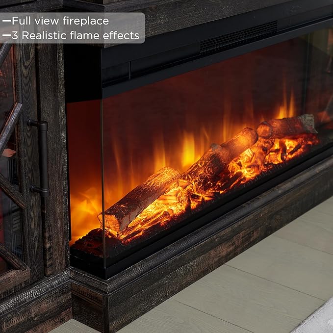 OKD 3-Sided Glass Farmhouse Fireplace TV Stand for TVs up to 80'', Highboy Entertainment Center with Glass Door Storage Cabinet, 70'' Large TV Stands with 36'' Electric Fireplace, Dark Rustic Oak