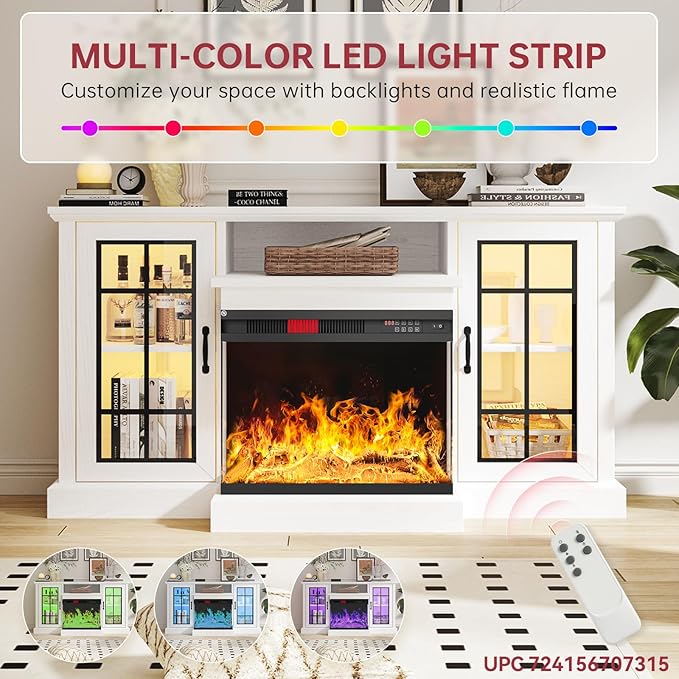 oneinmil 59'' Fireplace TV Stand, 3 Sided Glass Media Entertainment Center Console Table for TVs up to 65'' with Glass Door Adjustable Flame LED Color for Living Room, Set of TV Table, White