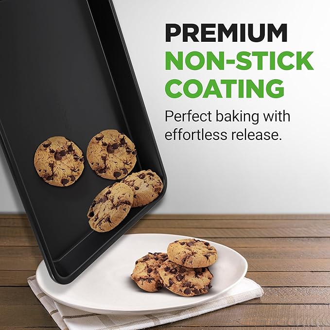 NutriChef 2-Piece Black Non-Stick Cookie Sheet Baking Tray Set - Versatile & Durable Carbon Steel Bakeware Sets, Stackable & Easy-Clean, NC2TRBL