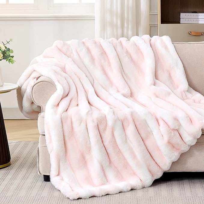 Plush Faux Rabbit Fur Throw Blanket – 850GSM Thick & Warm, Ultra Soft Fluffy Blanket for Couch, Bed, Sofa, Ideal Gift for Women, 50" × 60", Light Pink