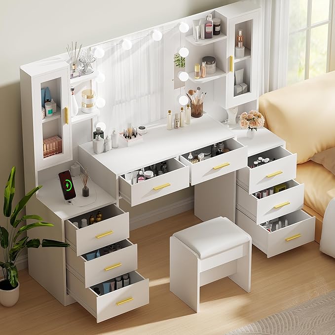 ANWBROAD 59.1" Large Vanity Desk Table with Mirror & Lights White Makeup Vanity with Power Outlet and 8 Drawers 3 Lighting Modes Adjustable Vanity Table for Girl Women Bedroom Dressing Room UBDT67W