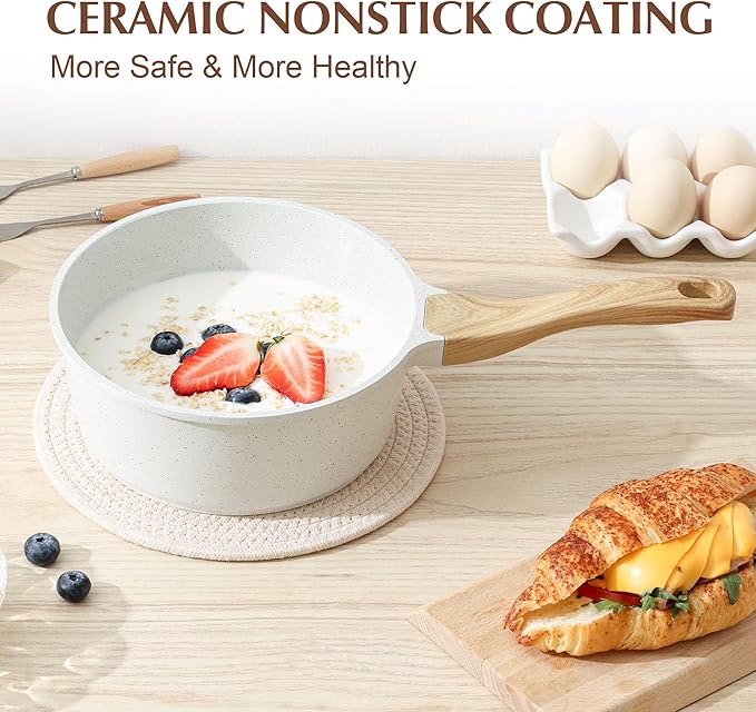 SENSARTE White Ceramic Nonstick Saucepan with Lid 1.5 Quarts, Small Cooking Pot with Stay Cool Handle, Induction Compatible Saucepot, White Granite Coating, Free of Intentionally Added PTFE/PFOA/PFAS