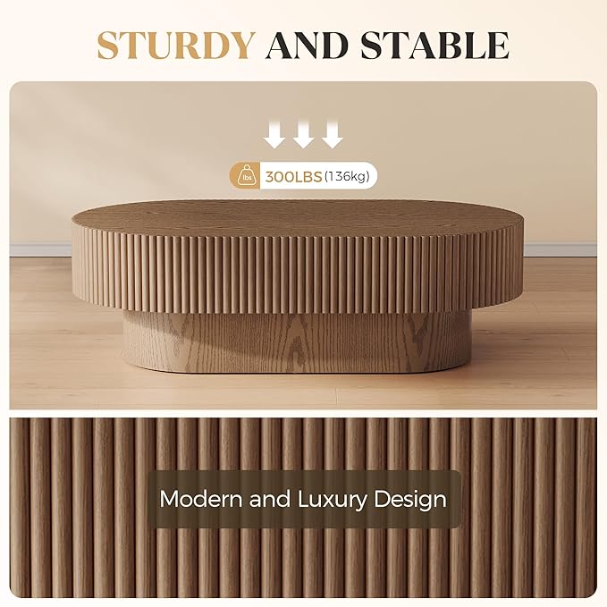 43.7” Oval Coffee Table, Modern Wood Fluted Coffee Table for Living Room, Veneer Handcrafted Relief Center Table with Sturdy Pedestal，Easy Assembly - Walnut
