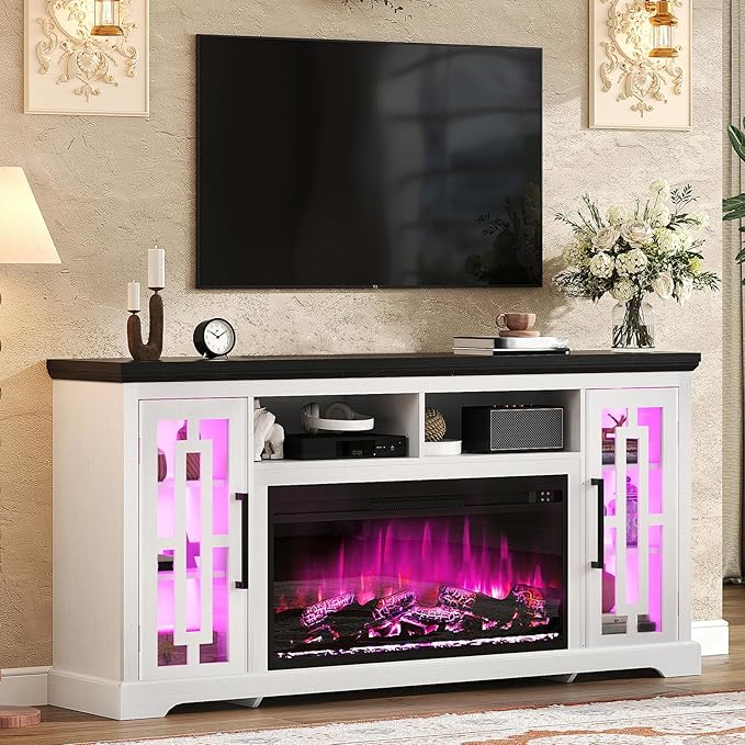 70" Farmhouse Large Fireplace TV Stand for 80 Inch TV, LED Media Entertainment Center with 37" Fireplace, Rustic TV Console Storage Cabinet with Adjustable Shelf for Living Room, Antique White