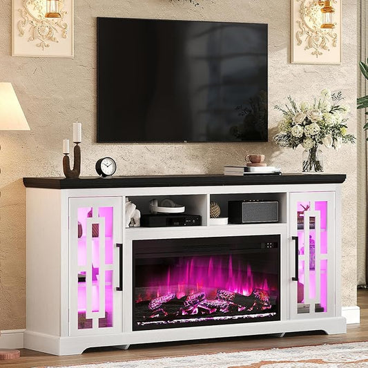 70" Farmhouse Large Fireplace TV Stand for 80 Inch TV, LED Media Entertainment Center with 37" Fireplace, Rustic TV Console Storage Cabinet with Adjustable Shelf for Living Room, Antique White