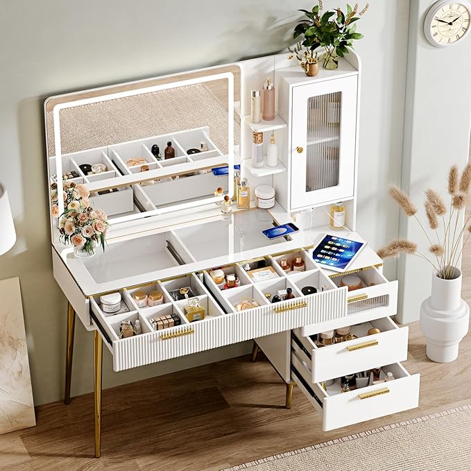 Vanity Desk with 29.53" HD Lighted Mirror, 47.24" Big Modern Vanity Desk with Mirror and Lights, Makeup Vanity with 5 Drawers and Storage Shelves and Charging Station, White