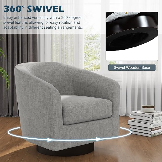 UIXE Swivel Barrel Accent Chair Set of 2, Modern Upholstered Arm Chair in Fabric for Living Room, Round Club Armchair Single Sofa Seating Corner Nook Side Reading Seat - Light Gray