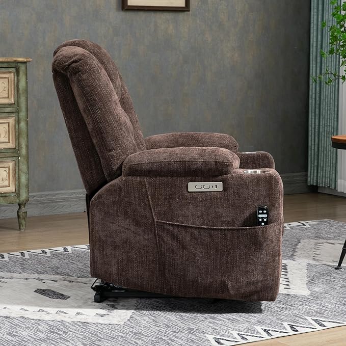 Power Lift Chair with Massage & Heat, Electric Recliner Chairs for Adults, Remote Control, Living Room Sofa, Standing Assistance, USB Ports, Stainless Steel Cup Holders, Chenill, Brown