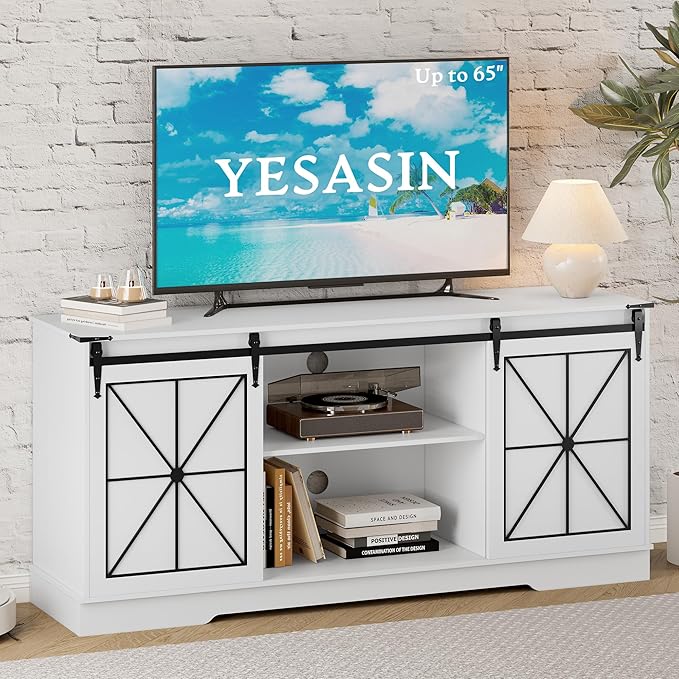 Farmhouse TV Stand for 55 60 65 Inch TV,Mid Century Modern TV Cabinet with Storage Sliding Barn Doors,Easy Assembly,Entertainment Center Console Table for Bedroom Living Room-White&Metal Black