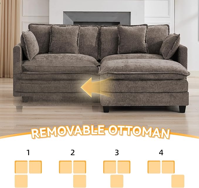 76'' Cloud Deep Seat Loveseat Sofa, Upholstered Chenille Modular 2-Seats Sectional Sofa Couch with Movable Ottoman, Modern Comfy Settee Loveseat for Living Room Set, Small Apartment, Brwon