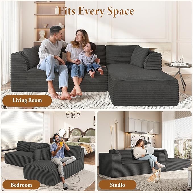Vesgantti 106" Modular Sectional Sofa with Chaise, Deep Seat Comfy Cloud Couch Corduroy L Shaped Sofa Sectional Couches for Living Room Bedroom, No Assembly Required (Grey, Right-Facing Chaise)