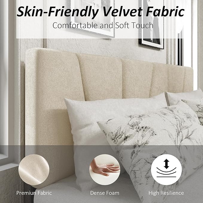 King Size Platform Bed Frame with Upholstered Headboard, Wooden Slats Support, Noise Free, No Box Spring Needed, Easy Assembly, Beige, Velvet