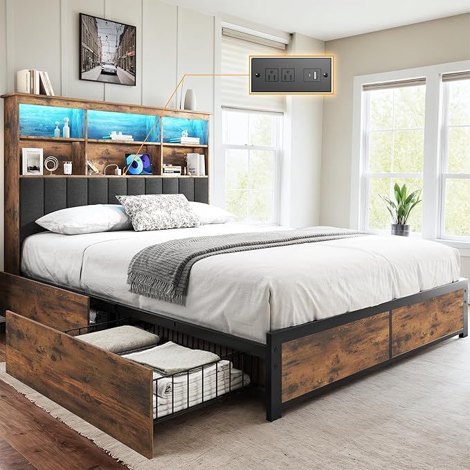 HISOFT Full Bed Frame with Headboard, Wood Bed Frame with High Storage Bookcase, 4 Storage Drawers & LED & Charging Station,No Box Spring Needed/Noise Free/All-Metal Support, Vintage Brown