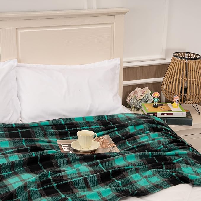 Gealaek Decorative Faux Cashmere Throw Blanket with Fringe Green and Black Plaid Lightweight Fuzzy Soft Cozy Throws for Sofa Bed Farmhouse Throw Blanket 50" x 60"