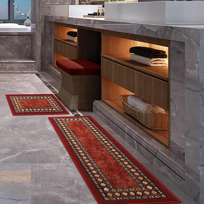 Antep Rugs Alfombras Modern Bordered 2pc Non-Skid (Non-Slip) Low Profile Pile Rubber Backing Indoor Kitchen Runner Rugs (Maroon Beige, 2pc Set)