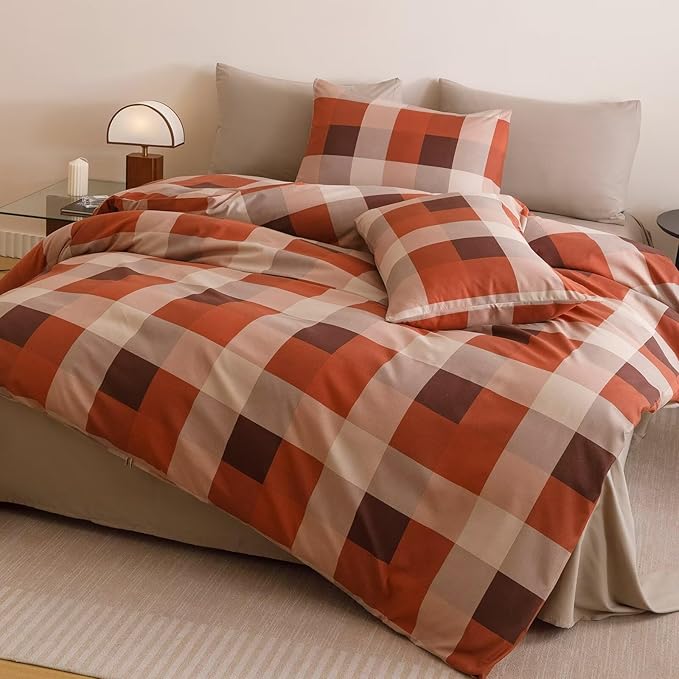 Cottonight Checkered Red Comforter Set King Men Gingham Grid Bedding Set Red and Khaki Grid Comforter Fluffy Soft Blanket Quilts Modern Cottagecore Comforter with 2 Pillowcases for King Bed