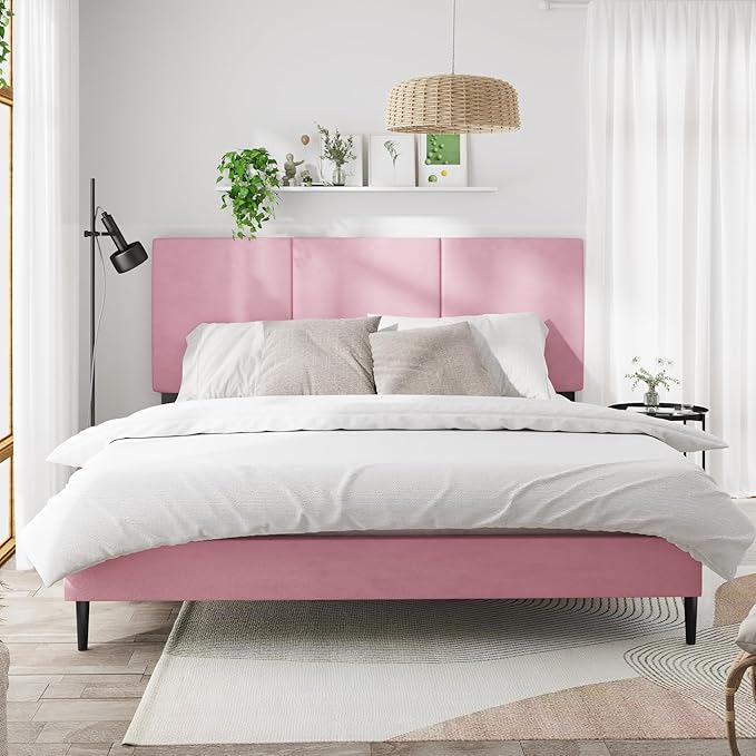King Bed Frame with Headboard, Vertical Channel Tufted Heavy Duty King Size Bed Frame, No Box Spring Needed, Easy Assembly, Platform Bed Frame with Headboard, Pink