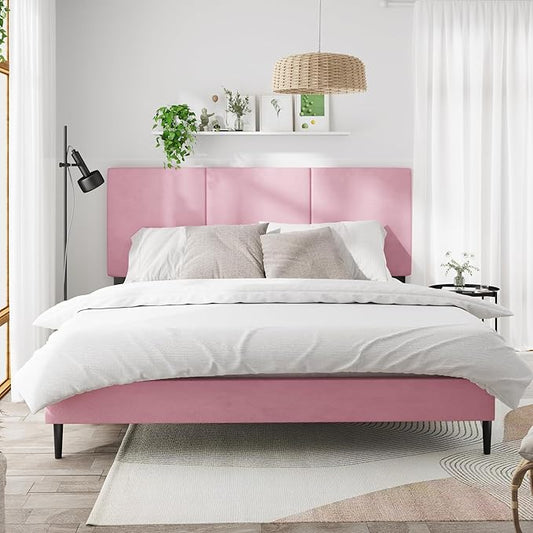 King Bed Frame with Headboard, Vertical Channel Tufted Heavy Duty King Size Bed Frame, No Box Spring Needed, Easy Assembly, Platform Bed Frame with Headboard, Pink