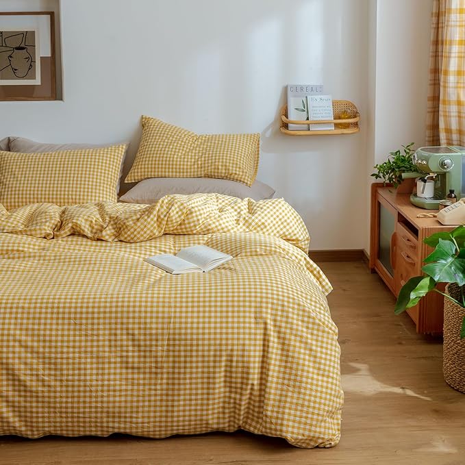 mixinni Yellow Gingham Comforter Set Full, Plaid Comforter Set 3 Pieces 1 Yellow Grid Comfoter with 2 Pillow Cases for All Seasons, Soft Fluffy Modern Grid Pattern Printed Bedding-Full Size