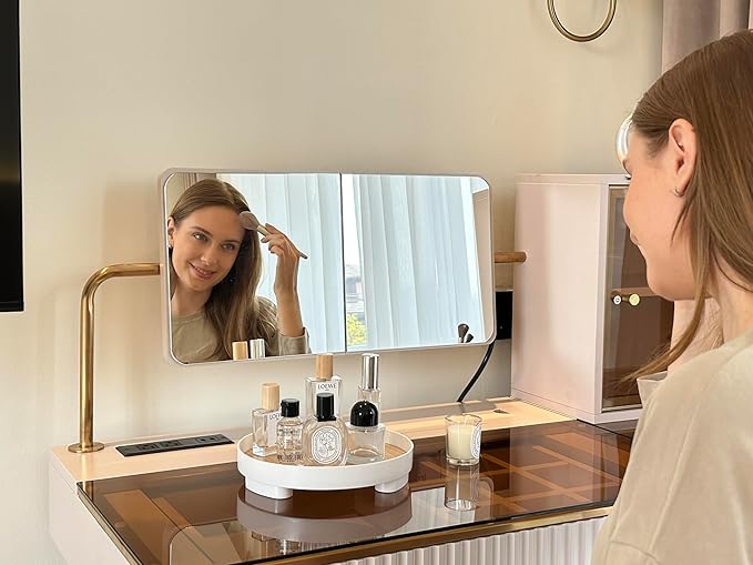 homary Modern Makeup Vanity Set with Charging Station, Makeup Table with 5 Drawers, Jewelry Storage, Vanity Desk with Foldable Mirror, Dressing Table with Stool for Bedroom (Champagne)