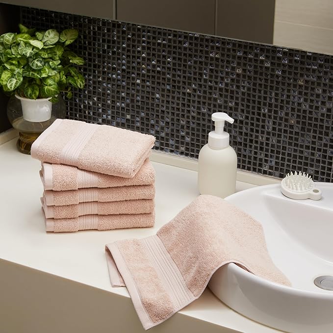 Amazon Basics Fade-Resistant 100% Cotton Hand Towel, 6 Pack, 16"x26", Blush Pink