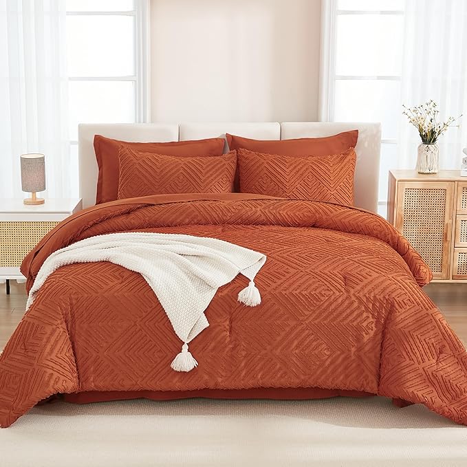 Andency Super King Comforter Set Burnt Orange - 7 Piece Oversized King Bed in a Bag Boho Terracotta Tufted Bedding Sets, Rust Bed Set with Comforter, Sheets, Pillowcases & Shams