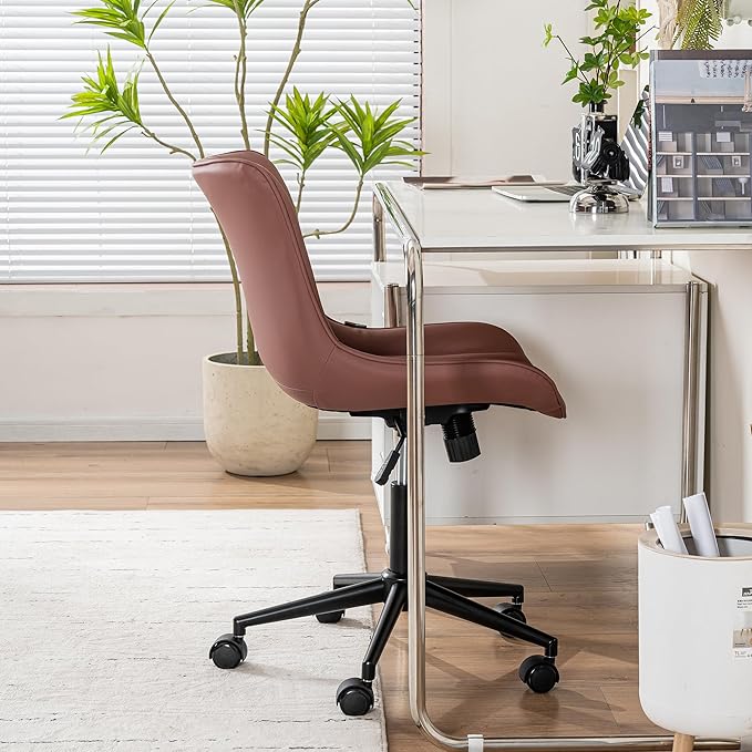 YOUNIKE Office Chair, Armless Desk Chair with Wheels, Adjustable Swivel Home Office Computer Task Chairs, Modern Faux Leather Upholstered Vanity Chair with Back, Dusty Rose