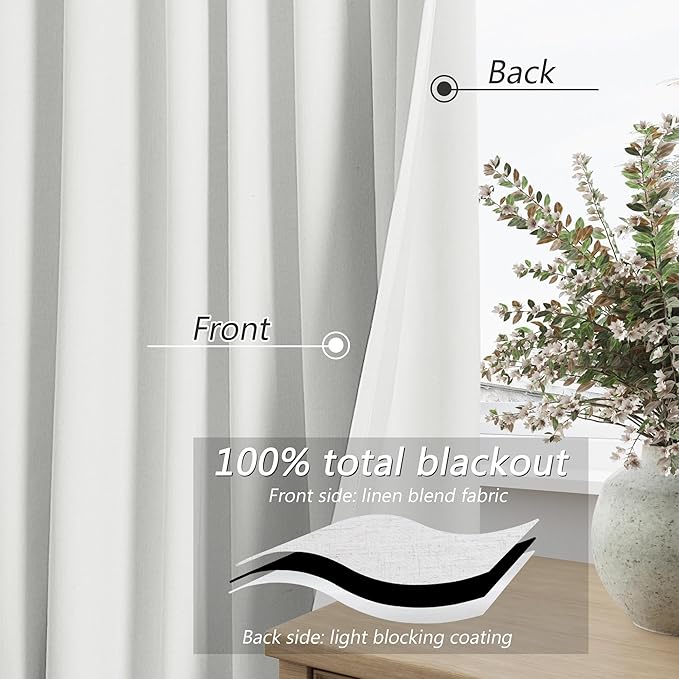 Guken Off White Blackout Curtains 102 Inch Length 2 Panels Set for Living Room Bedroom Back Tab Thermal Insulated 100% Black Out Linen Drapes Room Darkening Window Curtains 102 Inches Long
