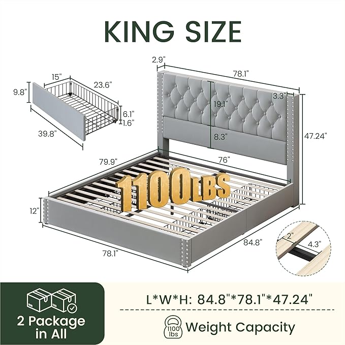 King Size Bed Frame with 4 Storage Drawers and Tufted Headboard Velvet Upholstered Platform Bed Frame with Heavy Duty Wood Slats, No Box Spring Needed, Easy Assembly, Bluish Grey