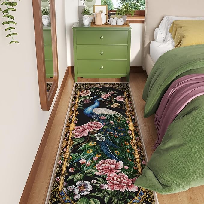 Runner Rug for Kitchen 2'6"x8' Washable Rugs with Rubber Backing Soft Floral Peacock Floral Animal Carpet Runner for Kitchen, Laundry, Bedroom, Bathroom (Black)
