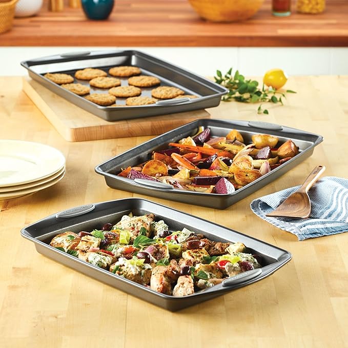 Rachael Ray Nonstick Bakeware Set with Grips, Nonstick Cookie Sheets / Baking Sheets - 3 Piece, Gray with Sea Salt Gray Grips