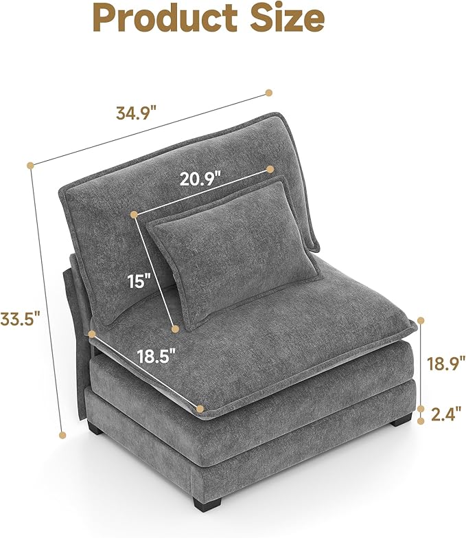 Real Relax 34.9'' Modular Sectional Sofa, Single Seat Without Armrest Chenille Convertible Couch with 2 Pillows for Living Room, Office and Leisure Places, Dark Gray