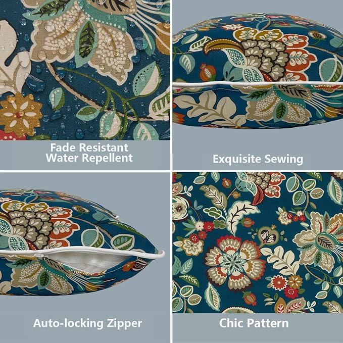 LVTXIII Outdoor Lumbar Pillow Covers 12"x20", Covers ONLY, 2 Pack 30x50cm Lumbar Cushion Cover with White Piping for Home Patio Garden Sofa Bench, Peacock Blue