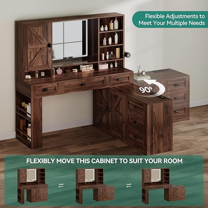 YITAHOME 48'' Farmhouse Makeup Vanity Desk with Mirror and Lights, 68'' 360° Rotation Big Modern Lighted Vanity Table with 6 Drawers & Lots Shelves, Rustic Large Dressing Table, Antique Brown
