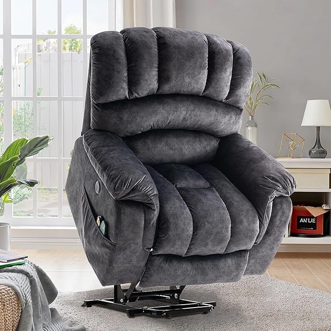 VIVIJASON Large Power Lift Chair Electric Recliner Chair with Heat & Massage for Elderly Big People, Overstuffed Wide Electric Recliner with 2 Remote Controls, Side Pockets & USB Ports, Dark Gray