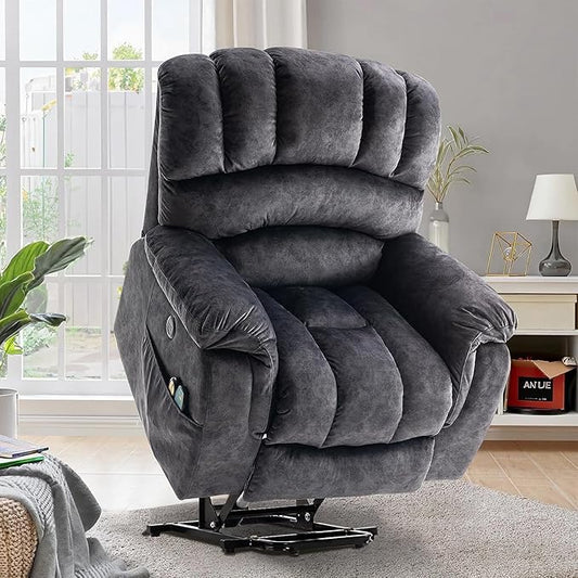VIVIJASON Large Power Lift Chair Electric Recliner Chair with Heat & Massage for Elderly Big People, Overstuffed Wide Electric Recliner with 2 Remote Controls, Side Pockets & USB Ports, Dark Gray
