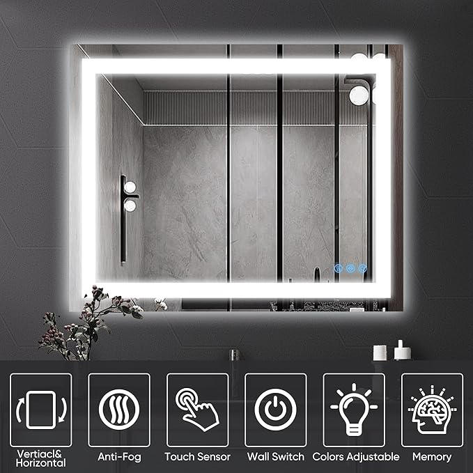 Antok 32"x 40" LED Bathroom Mirror with Lights, Anti-Fog, Dimmable, Lighted Vanity Mirror with Tempered Glass, Memory Function, 3 Light Modes, Safe Use, Horizontal, Vertical