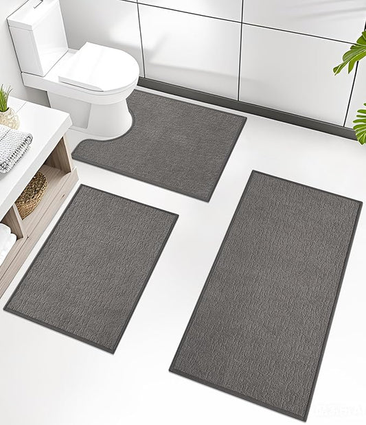 chakme Bathroom Rug Sets 3 Piece, Ultra Thin Bath Mat Quick Dry Bath Mat Set, Absorbent Bath Mat for Bathroom Non Slip Machine Washable, (Dark Grey, 3 Piece)
