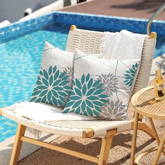 Blue and Grey Floral Pillow Covers 20x20 Set of 2 Outdoor Waterproof Decorative Throw Pillows Summer Pillow Covers Polyester Cushion Case Decor for Couch Patio Funiture Garden Porch 011A20