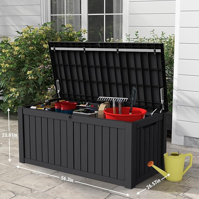 Mars Villa 119 Gallon Outdoor Storage Box, Large Resin Deck Box Waterproof, Storage Bin for Outside Patio Furniture Cushions, Pool Supplies, with Hydraulic Hinge, UV Resistant and Weatherproof, Black