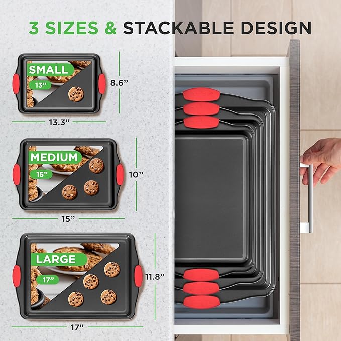 NutriChef Nonstick Baking Pans Set – Premium Cookie Sheets for Baking, Carbon Steel Stackable Baking Trays with Red Silicone Handles, Oven Safe Pans for Cookies, and Cakes, Dishwasher Safe (6 Pack)