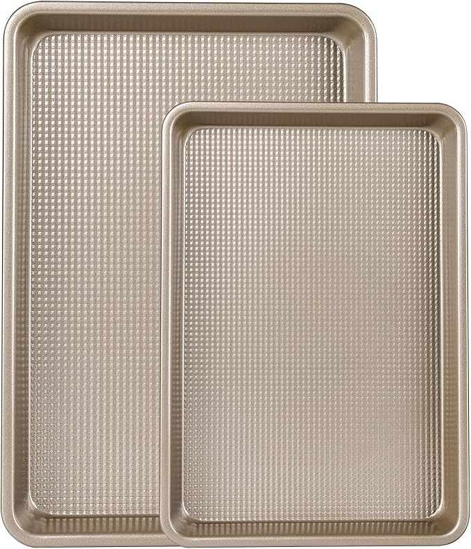 2 Piece Professional Baking Pan Set, Nonstick Bakeware Set, Heavy Duty Thick Cookie Sheets for Baking, 9x13in, 10x15in, Textured, Gold