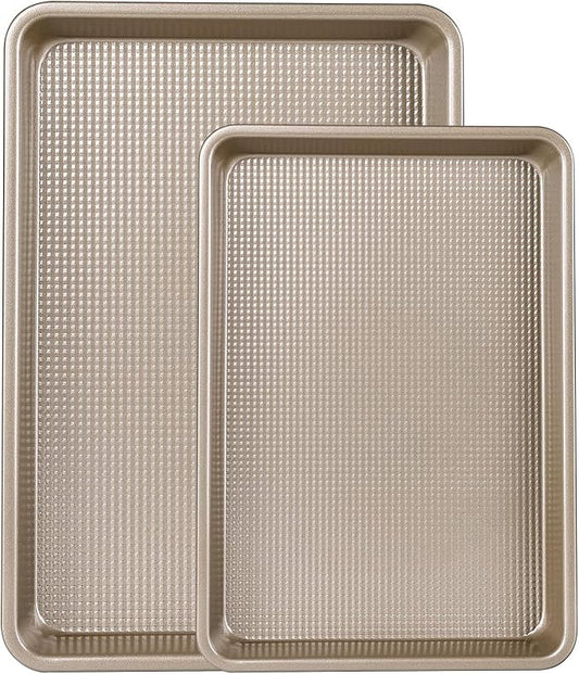 2 Piece Professional Baking Pan Set, Nonstick Bakeware Set, Heavy Duty Thick Cookie Sheets for Baking, 9x13in, 10x15in, Textured, Gold