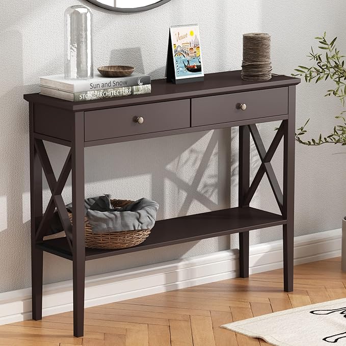 ChooChoo Console Table with Drawers, Narrow Wood Accent Sofa Table Entryway Table with Storage Shelf for Entryway, Front Hall, Hallway, Living Room, Espresso