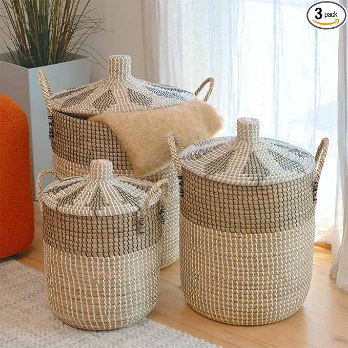 3 Pack Laundry Baskets Hamper, Seagrass Handwoven Storage Basket with Lid Handles, Natural Vietnamese Woven Decorative Wicker Clothes Hamper, Suitable for Any Home Style, Gifts for Friends