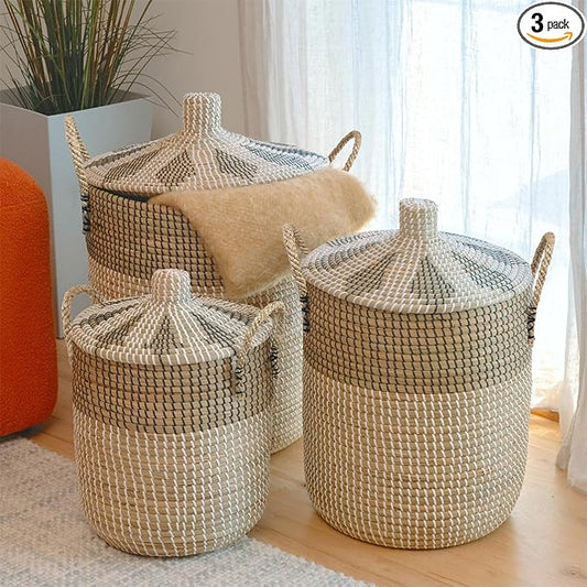 3 Pack Laundry Baskets Hamper, Seagrass Handwoven Storage Basket with Lid Handles, Natural Vietnamese Woven Decorative Wicker Clothes Hamper, Suitable for Any Home Style, Gifts for Friends