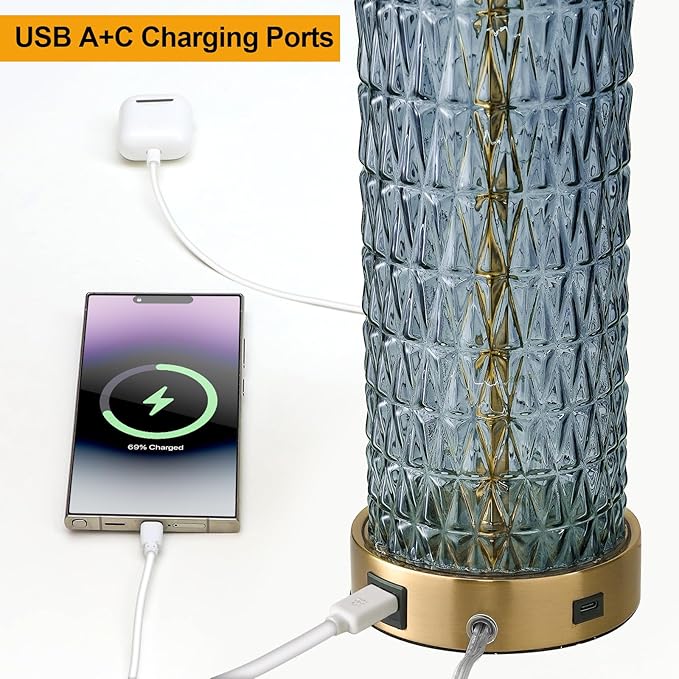 Oneach 27.75” Table Lamps Set of 2, Blue Modern Bedside Lamp with LED Night Light, USB A+C, Glass Lamps for Living Room, Bedroom, Nightstand, Office, End Table (2 Bulbs Included)