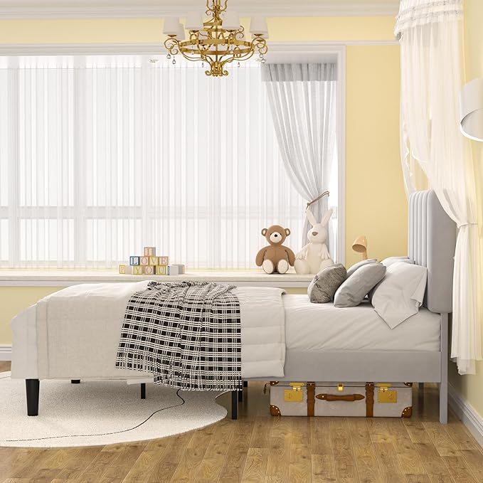 VECELO Twin Size Bed Frame with Upholstered Headboard, Velvet Platform Bedframe Mattress Foundation, Strong Wood Slat Support, No Box Spring Needed,Light Grey