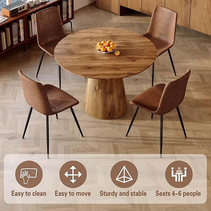 Round Dining Table Set for 4,45'' Farmhouse Dining Room Table Set for 4 with Suede Chairs,1" Thick Wood Pattern Tabletop with Conical Base,5 Pieces Kitchen Table Set for Dining Room,Apartment