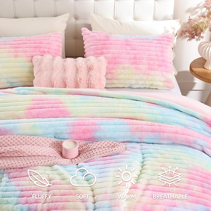 Smoofy Fluffy Full Size Comforter Sets 3 Pieces - Rainbow Fleece Fluffy Comforter Set, Luxury Fuzzy Full Bedding Set, Soft Comforter Full Size All Season, Heavy Faux Fur Comforter with 2 Pillow Cases